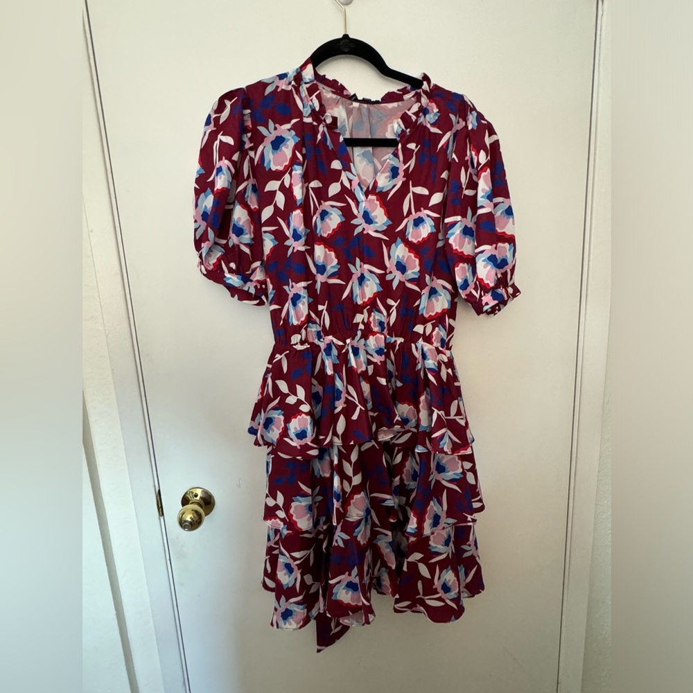 AQUA magenta printed ruffle dress with puff sleeves